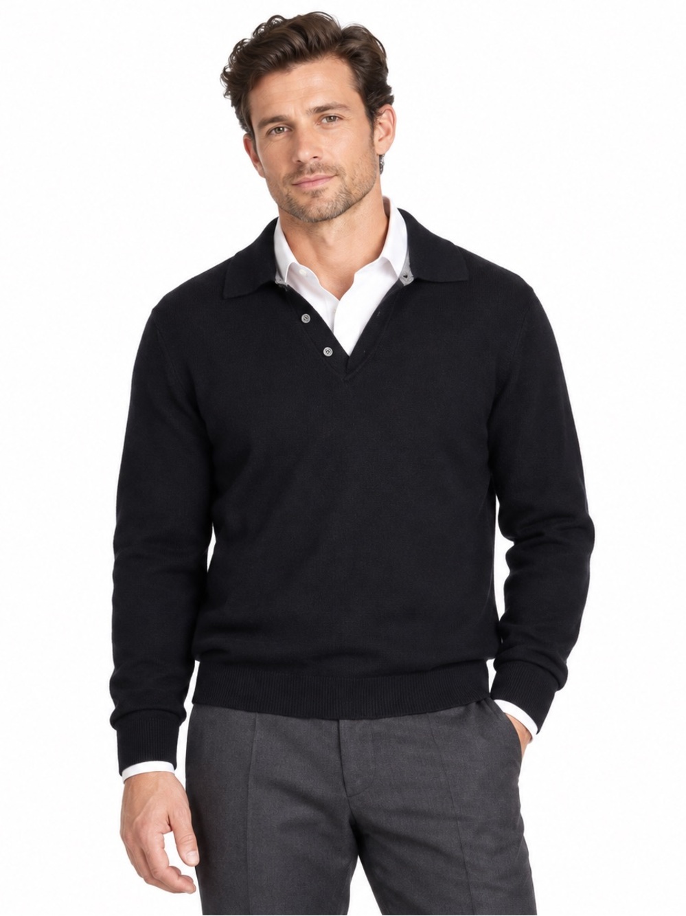 Neiman Marcus Merino Wool Sweater Pullover Collared V Neck Polo Large black